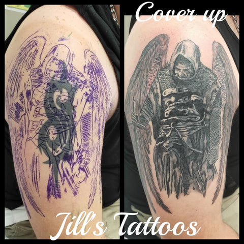 Cover up Black and Grey Angel Tattoo