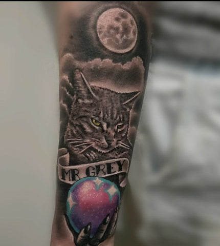 Mr Grey Cat Portrait under the moon Tattoo